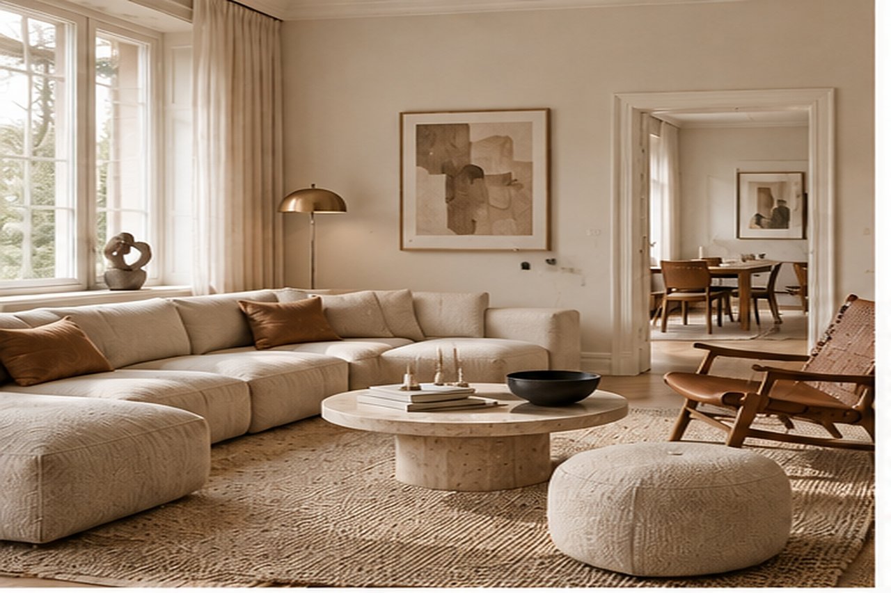 Ljust vardagsrum i varma nordiska toner med soffa i beige och runt soffbord i sten