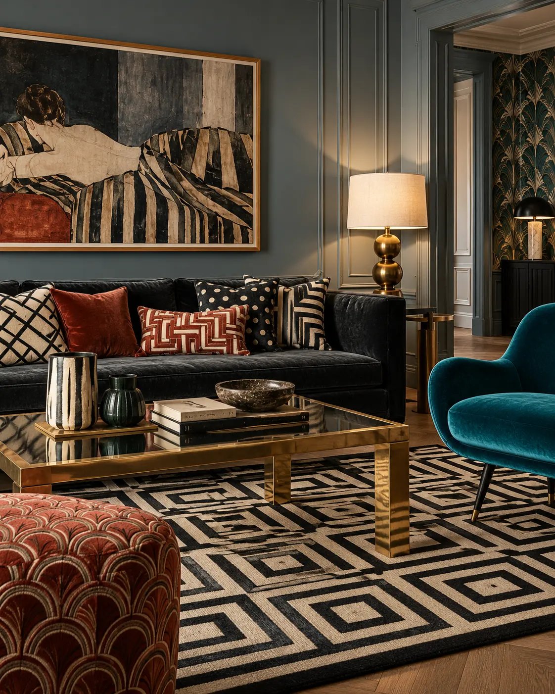 Living room with a graphic black and white rug, patterned cushions, a terracotta Art Deco footstool and a teal velvet armchair