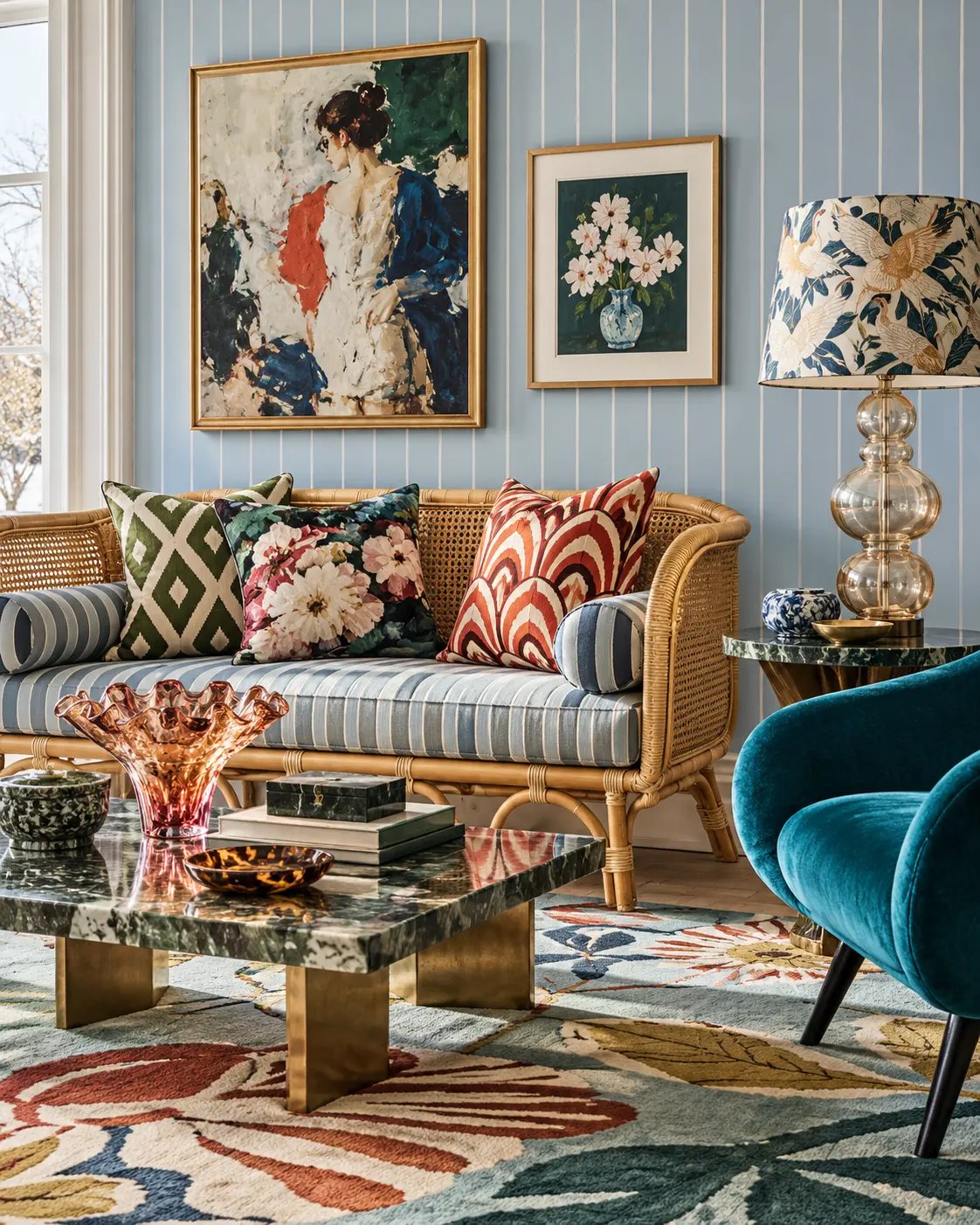 Bright sitting room with a striped wall, rattan sofa with a striped cushion, check, floral and zigzag cushions and a floral rug