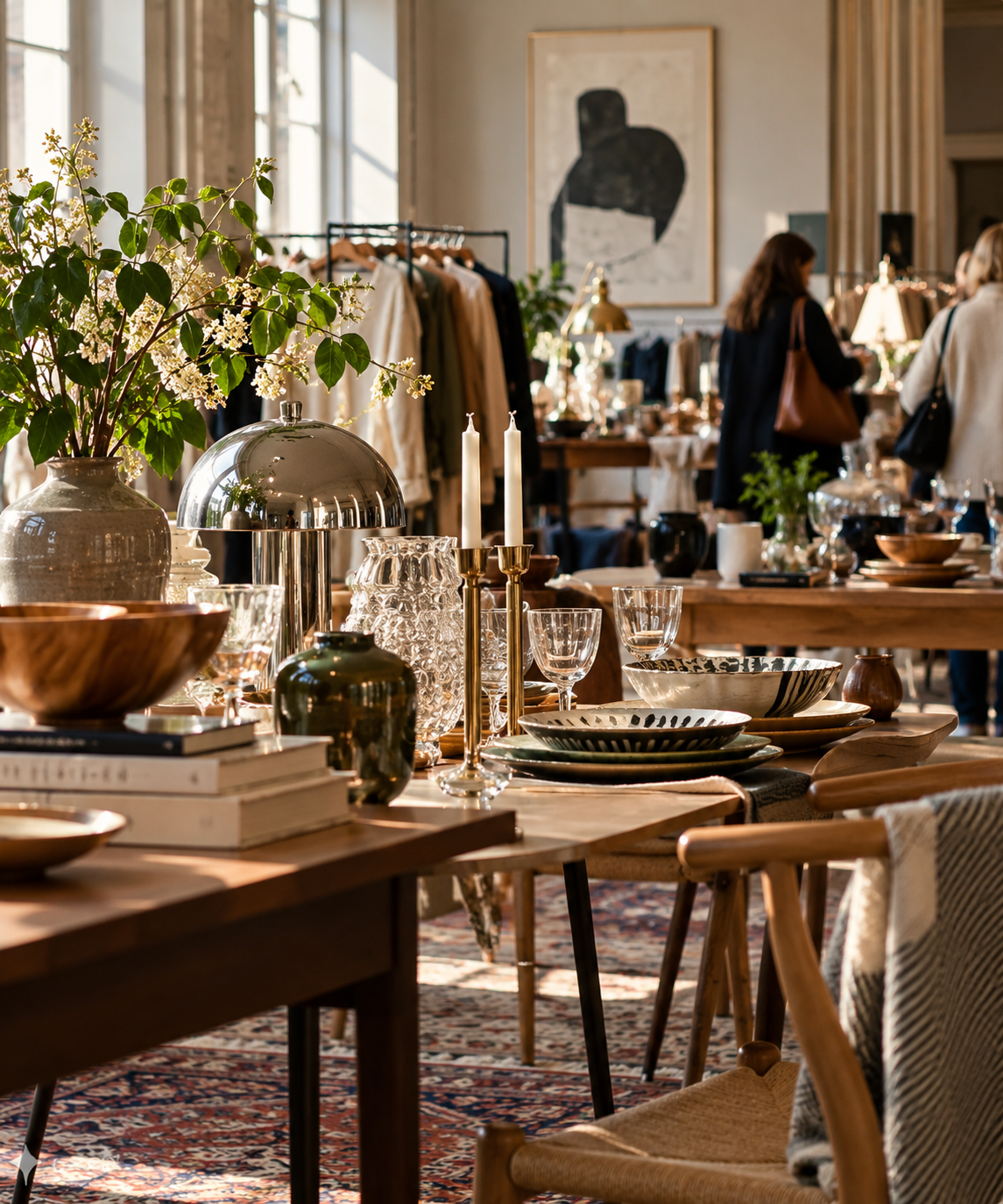 Illustration of a design flea market in a bright hall with tables of glassware, ceramics, lamps and wooden furniture