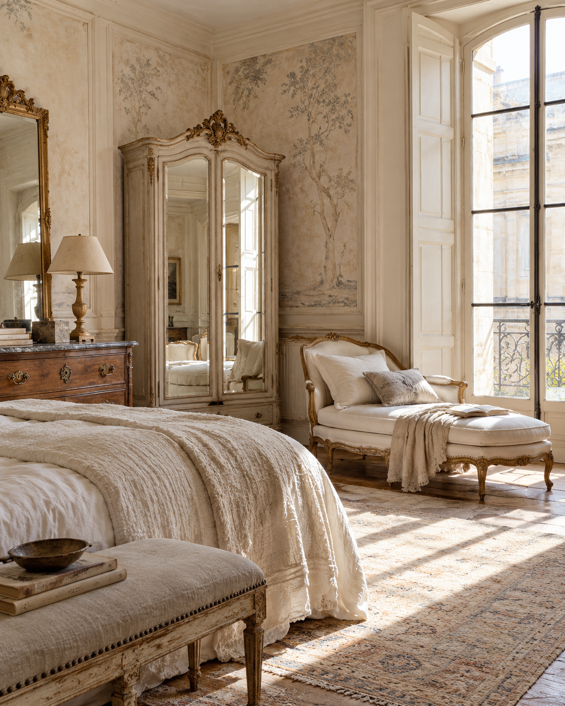 Bedroom with a faded floral mural, an antique mirrored armoire, a chaise longue and linen bedding