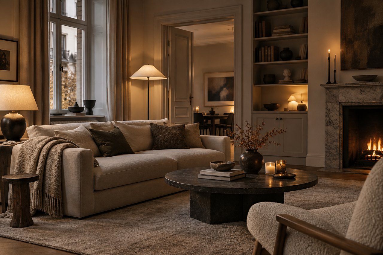 Vardagsrum med bordslampa, golvlampa och levande ljus som ger flera lager av ljus