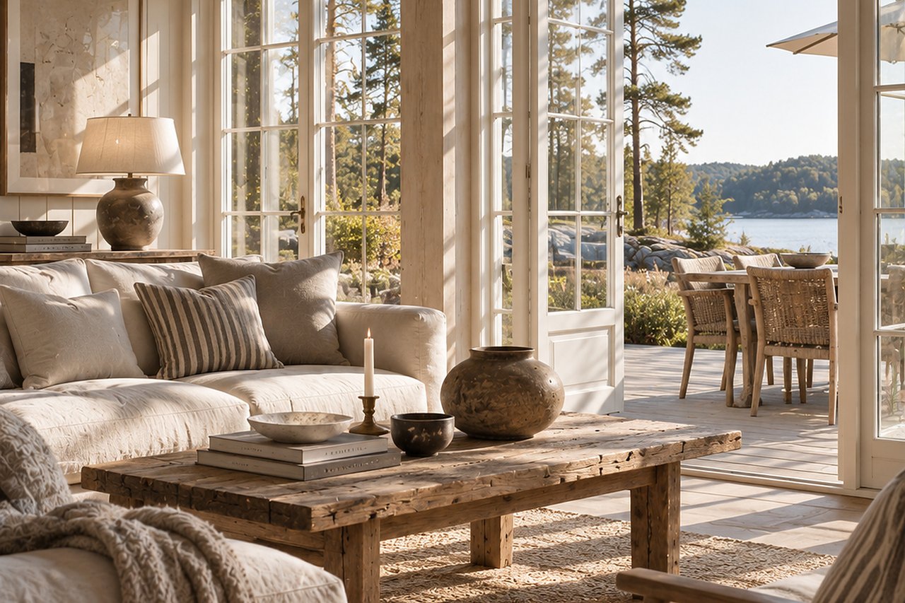 Ljust vardagsrum i sjöhus med linnesoffa, rustikt soffbord och öppna dörrar mot terrass och vatten