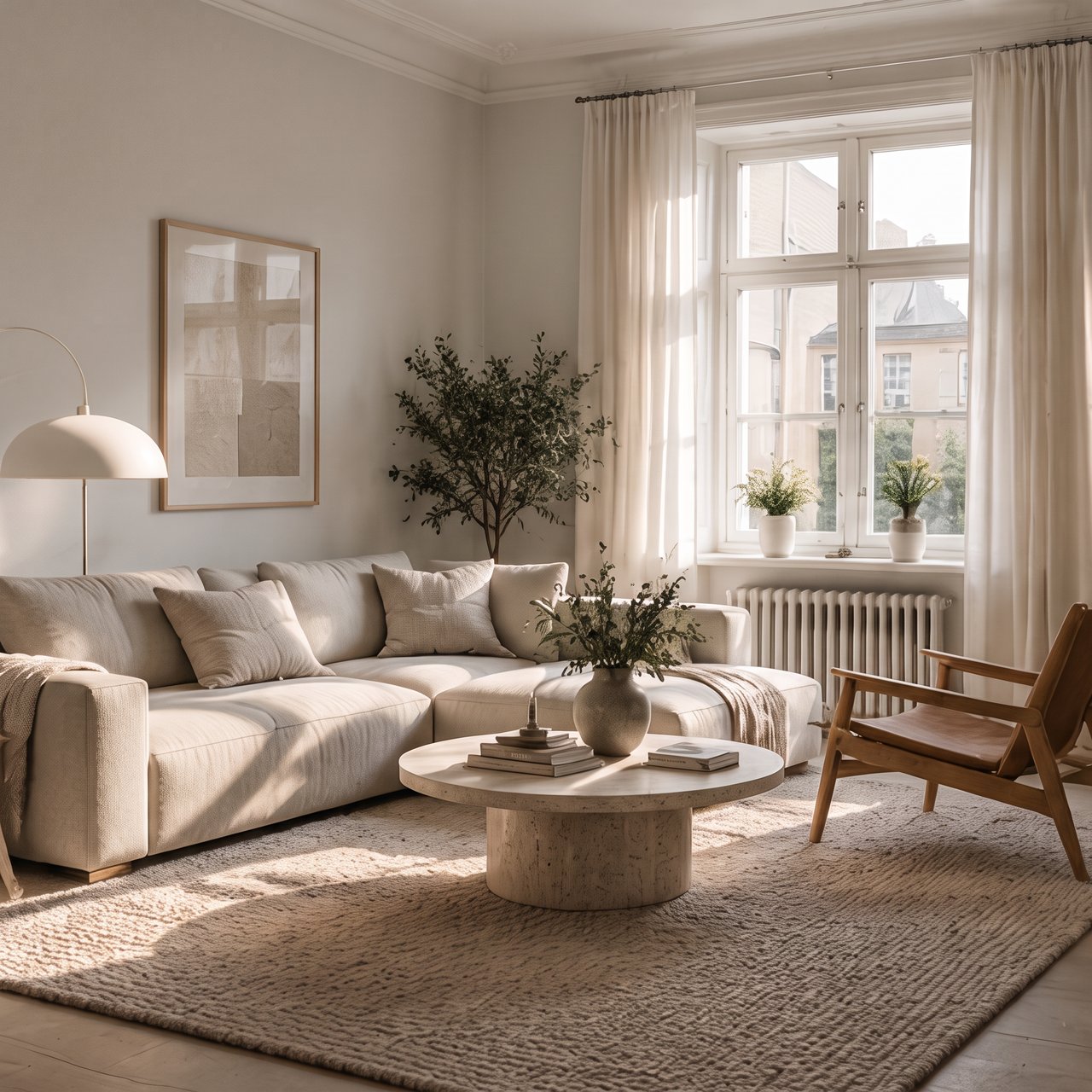 Ljust skandinaviskt vardagsrum med benvit soffa, runt soffbord i travertin och ullmatta