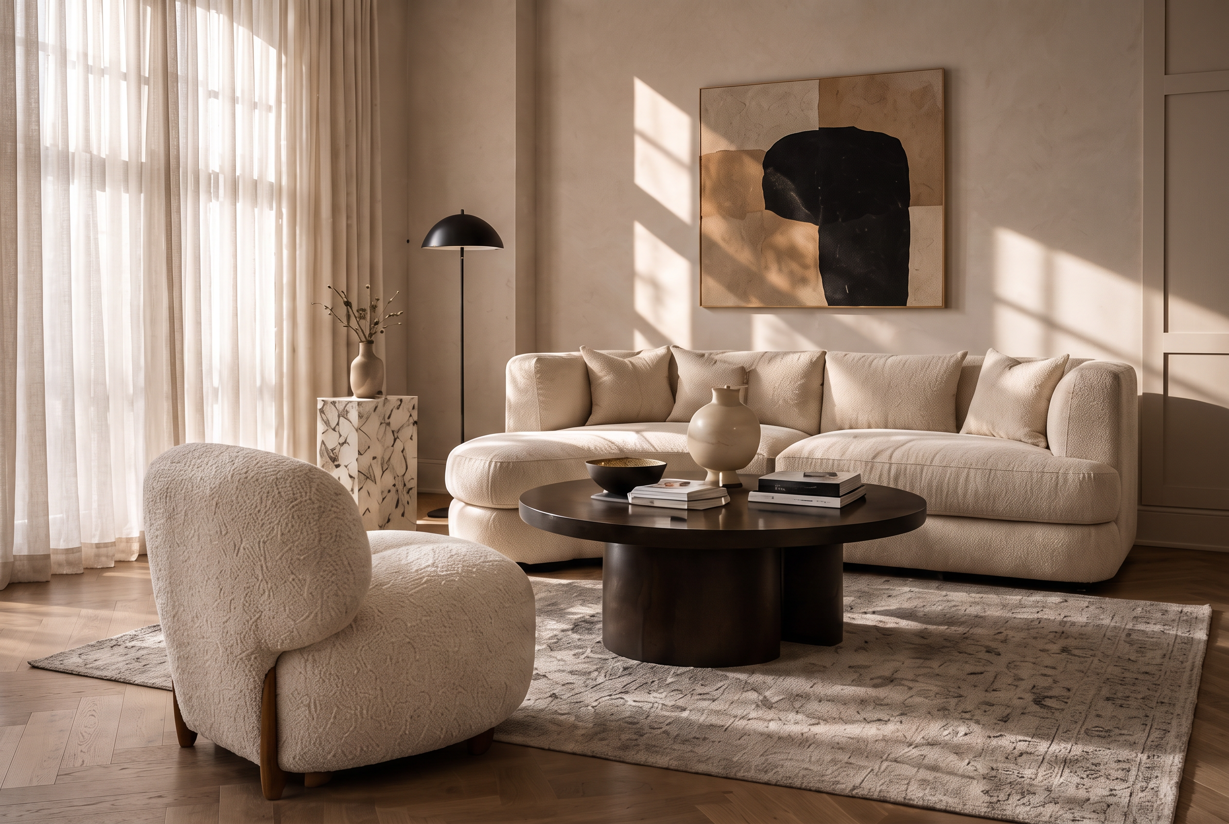 Beige vardagsrum med mörkt runt soffbord och svart golvlampa