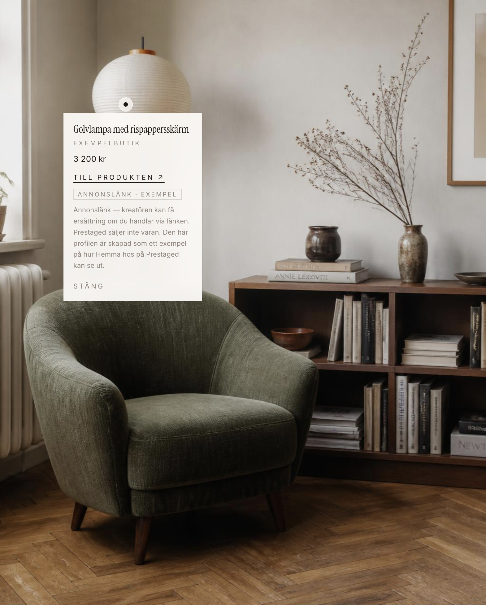 Shop the Look-förhandsbild med fåtölj, golvlampa, bildmarkör och produktkort