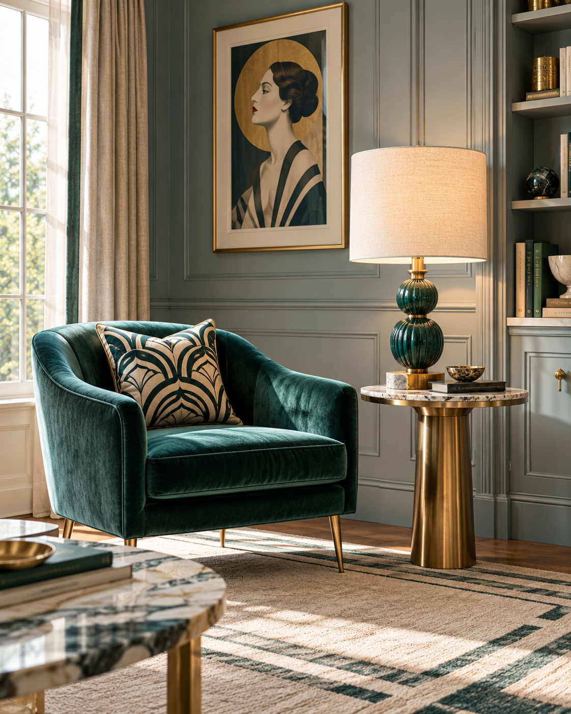 Reading corner with a green velvet armchair, a fabric-shaded table lamp at seated height and a picture light above an Art Deco portrait