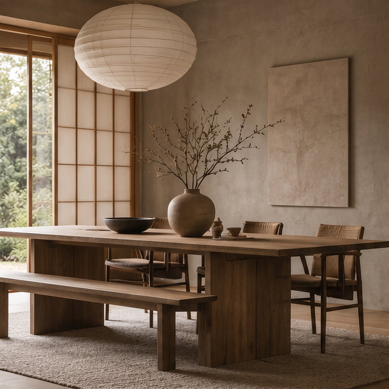 Japandirum med långbord i massivt trä, rispapperslampa och skjutdörrar i ljust trä
