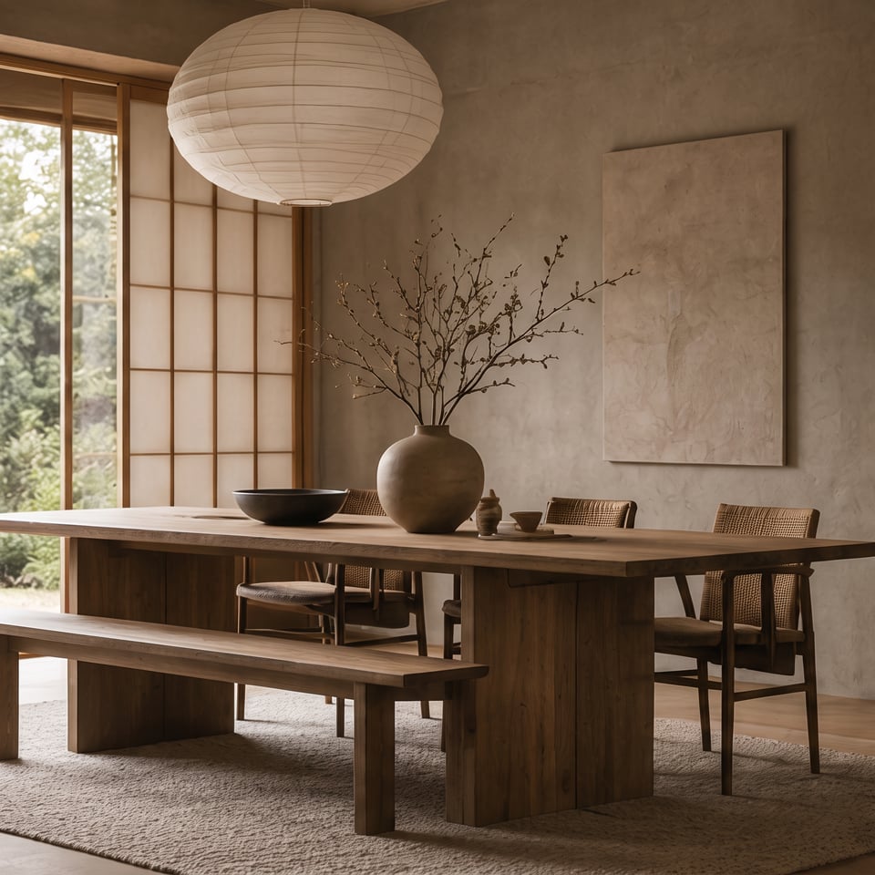 Japandirum med långbord i massivt trä, rispapperslampa och skjutdörrar i ljust trä