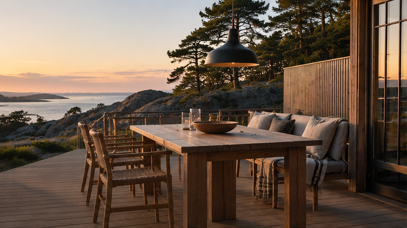 Skandinavisk terrass vid havet med matplats i trä och solnedgång över klipporna