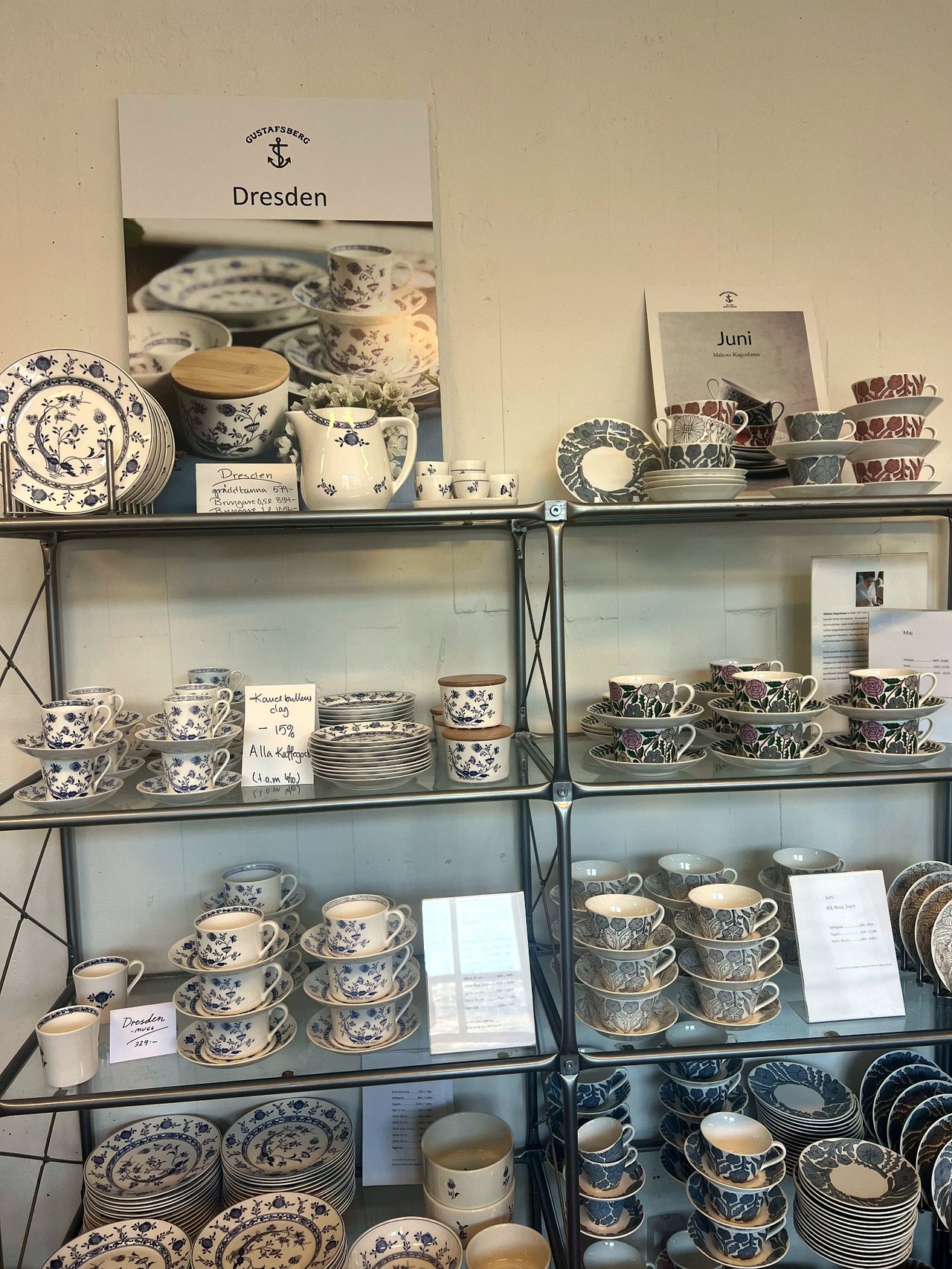 Shelves of Gustavsberg's blue-and-white Dresden tableware and the patterned Juni series by Makoto Kagoshima