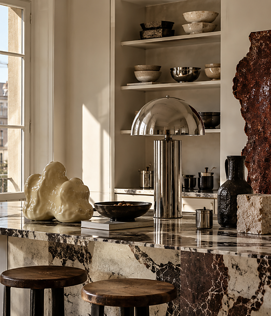 Kitchen island in dramatically veined marble with a chrome dome table lamp, a sculptural cream vase and wooden stools