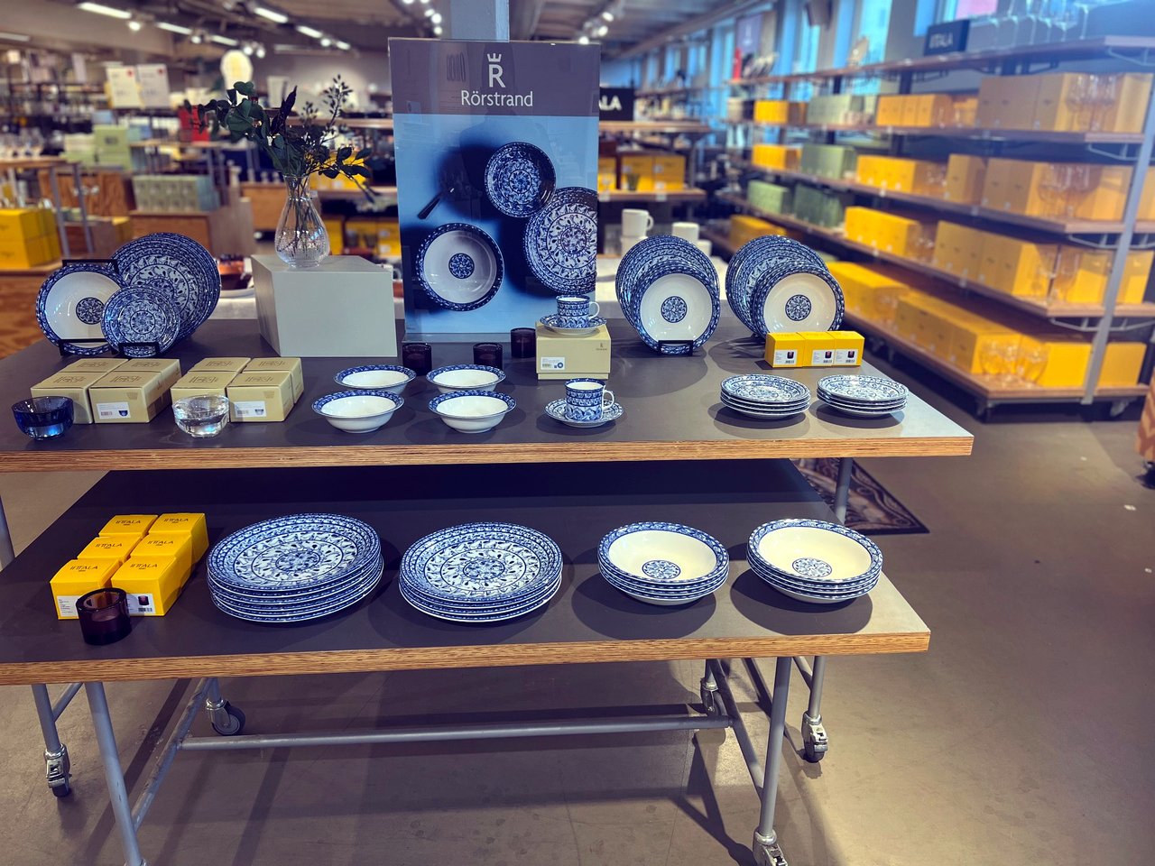 Display of blue-patterned Rörstrand porcelain