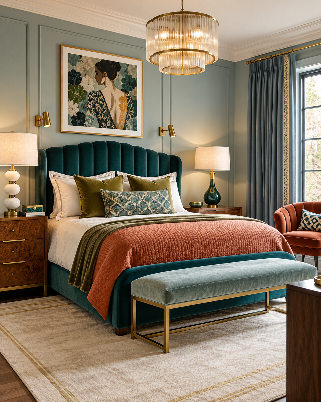 Bedroom with a crystal ceiling light, bedside lamps on either side and brass wall lights beside a painting