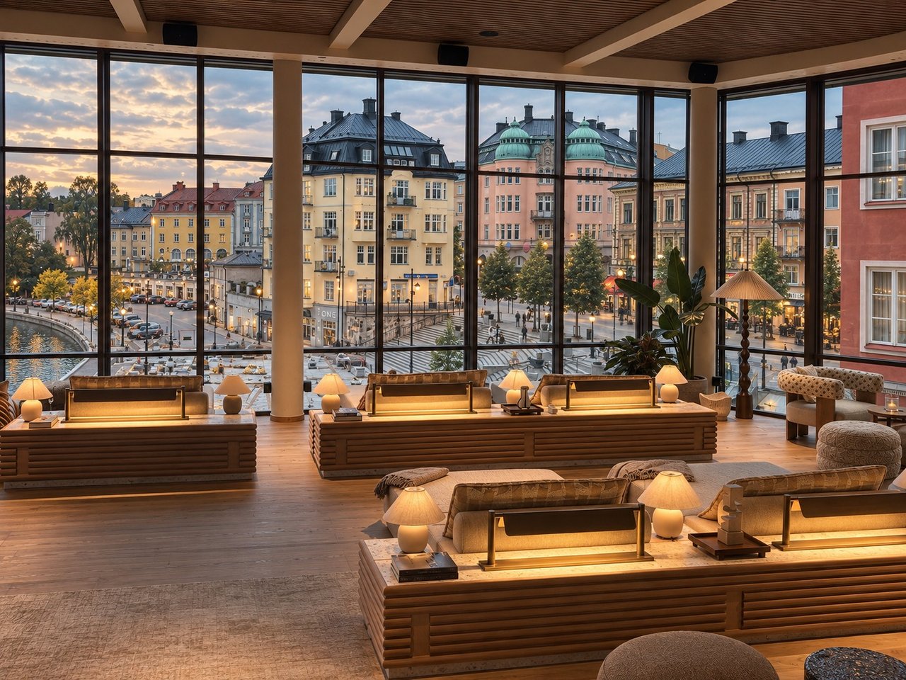 Panoramautsikt över Södertälje från The Docks lounge med stora glaspartier och varma sittgrupper