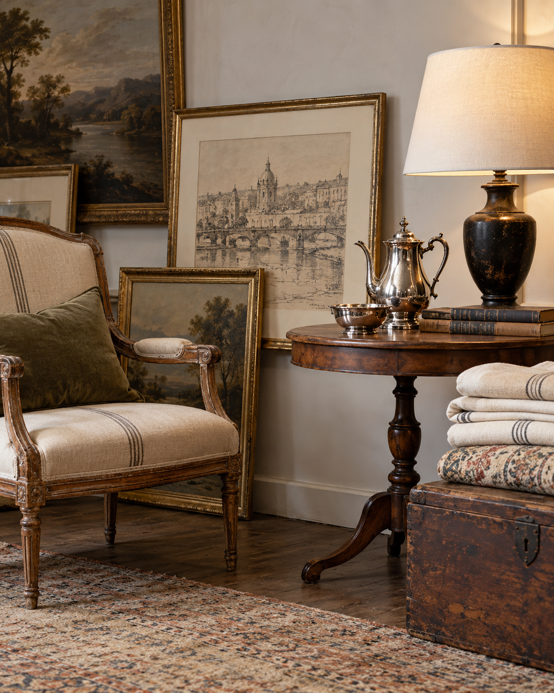 Home interior with a Gustavian armchair, pedestal table, silver jug, table lamp and framed art