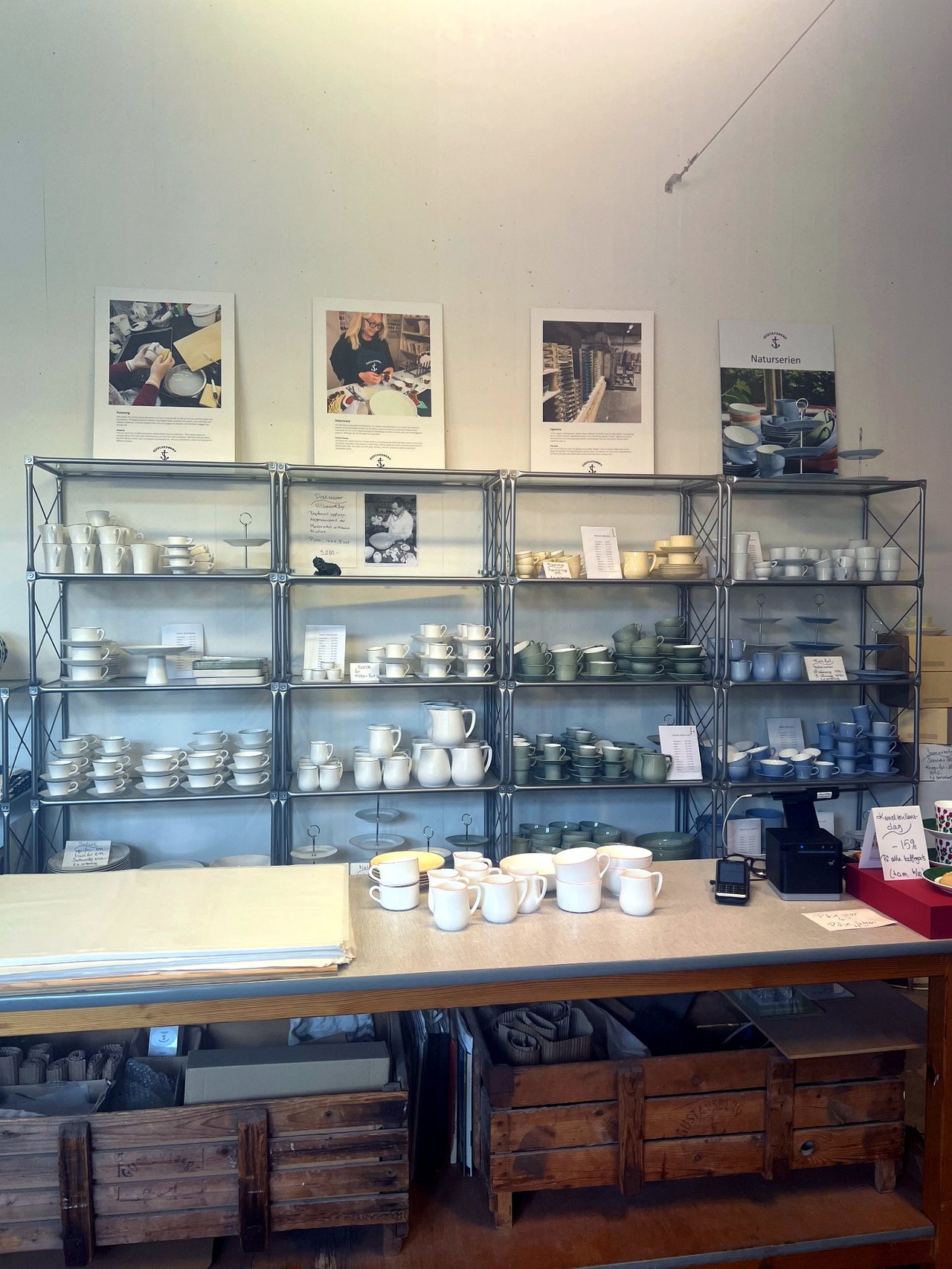 Contemporary Gustavsberg porcelain in The Factory Shop, with panels explaining the production process