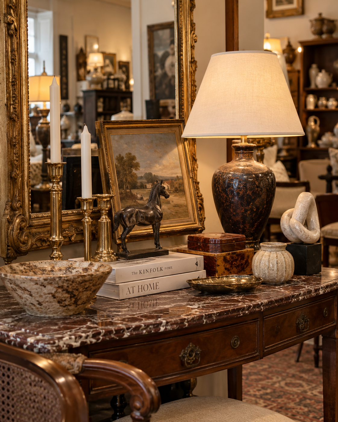 Shop interior with table lamps, ceramics, silver, art and dark timber furniture