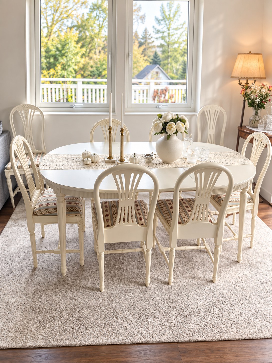 Bright dining area with an oval white table and classic white chairs on a pale rug