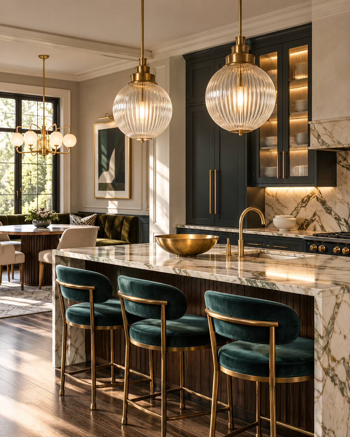 Kitchen with ribbed glass pendants over a marble island and a chandelier above the dining area beyond