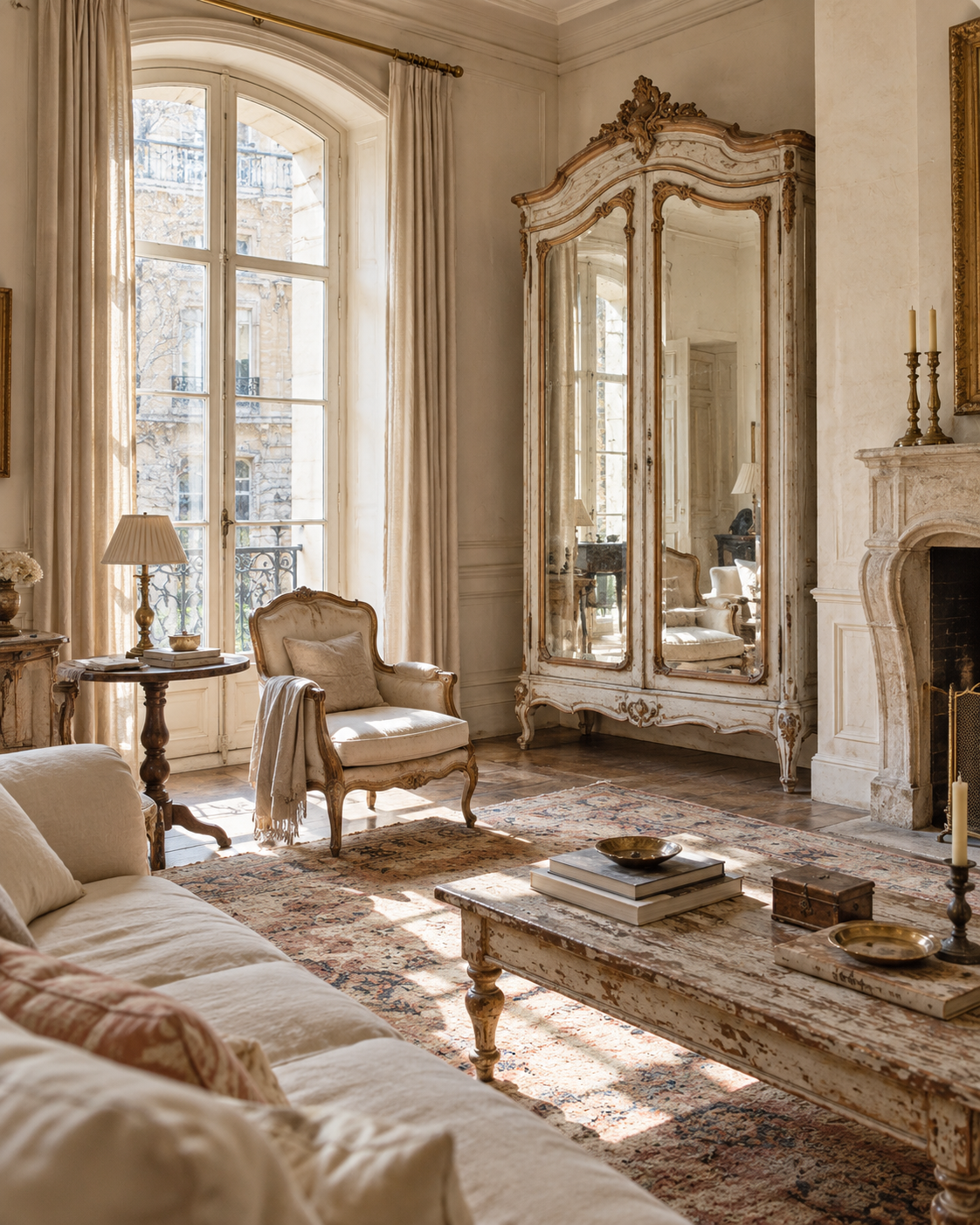 Sunlit French-style living room with a patinated mirrored armoire, an antique armchair, a worn painted coffee table and a faded oriental rug