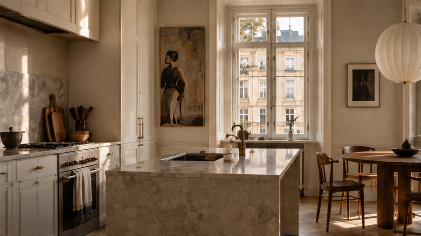Warm kitchen with timber, pale stone, dining area and tall windows
