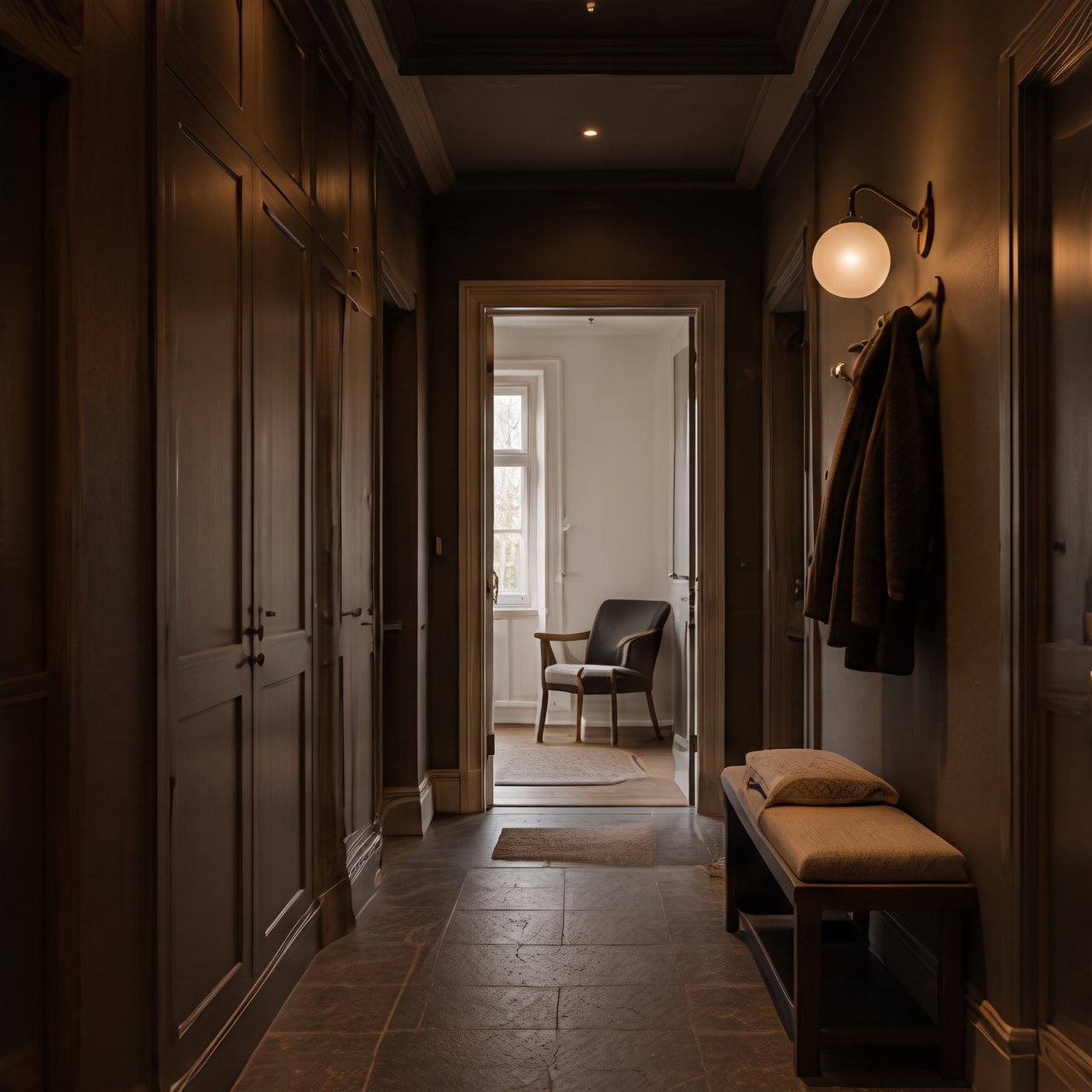 Mörk hall med platsbyggd förvaring i trä, bänk och blick mot ljust rum