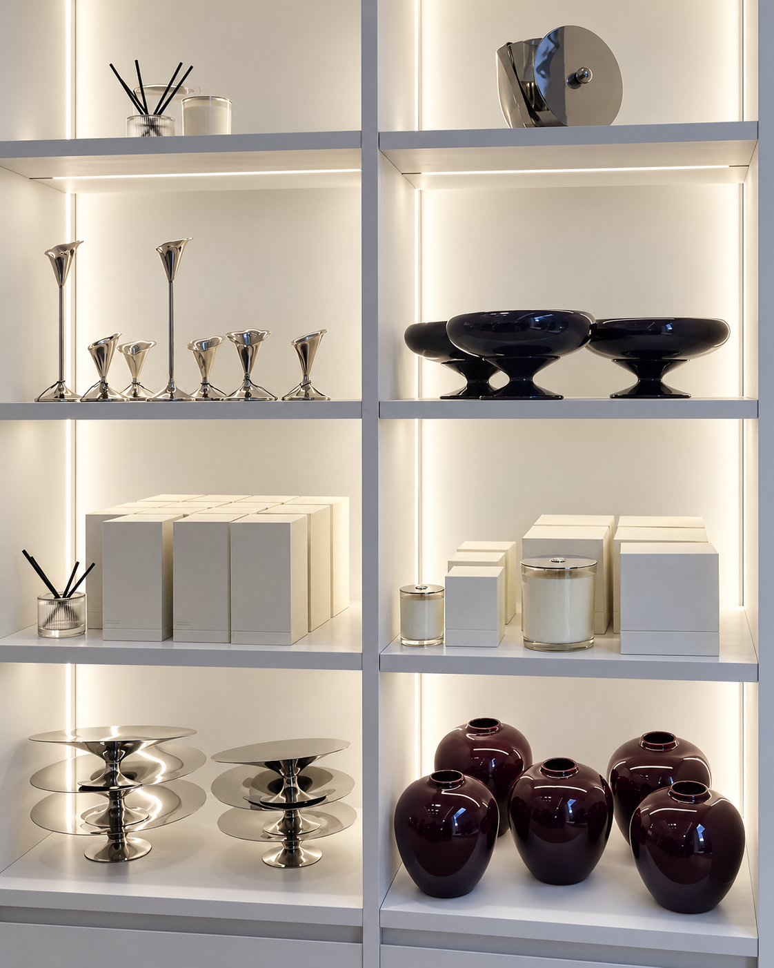 Belysta vita hyllnischer med silverljusstakar, svarta glasskålar och vinröda vaser hos H&M HOME.