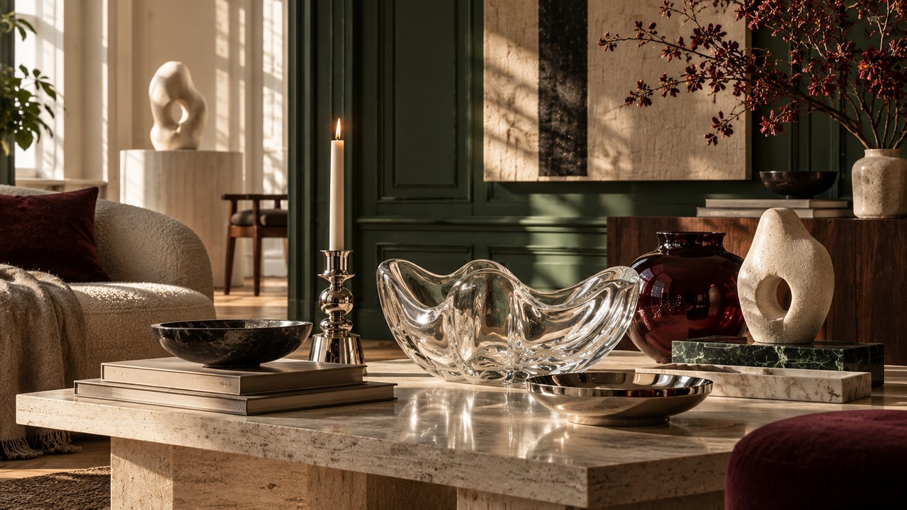 Stämningsbild: soffbord i travertin med skulpturala glas- och metallobjekt, ett tänt ljus och mörkgröna panelväggar i bakgrunden.