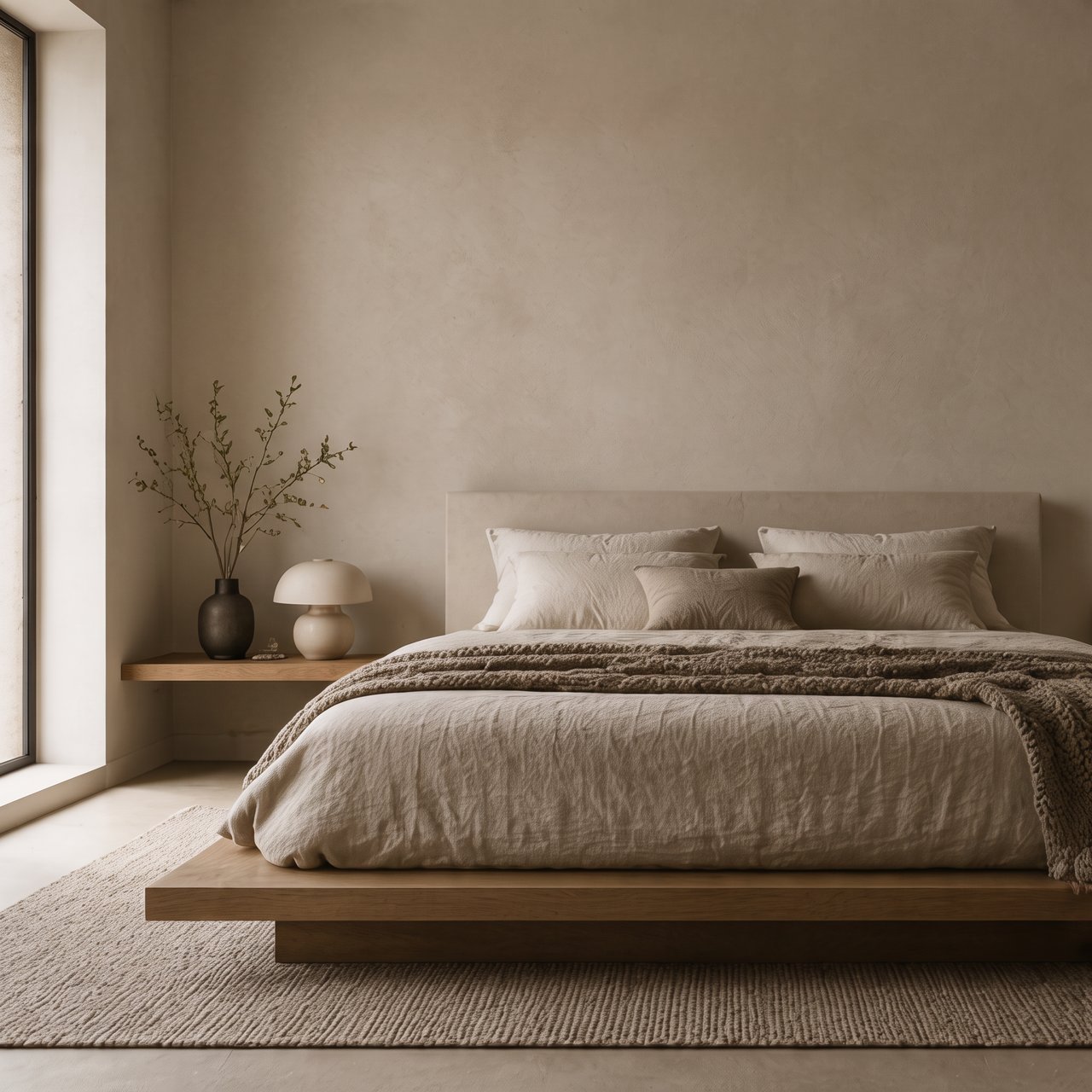 Minimalistiskt sovrum med låg trästomme, linnetextil och beige kalkade väggar