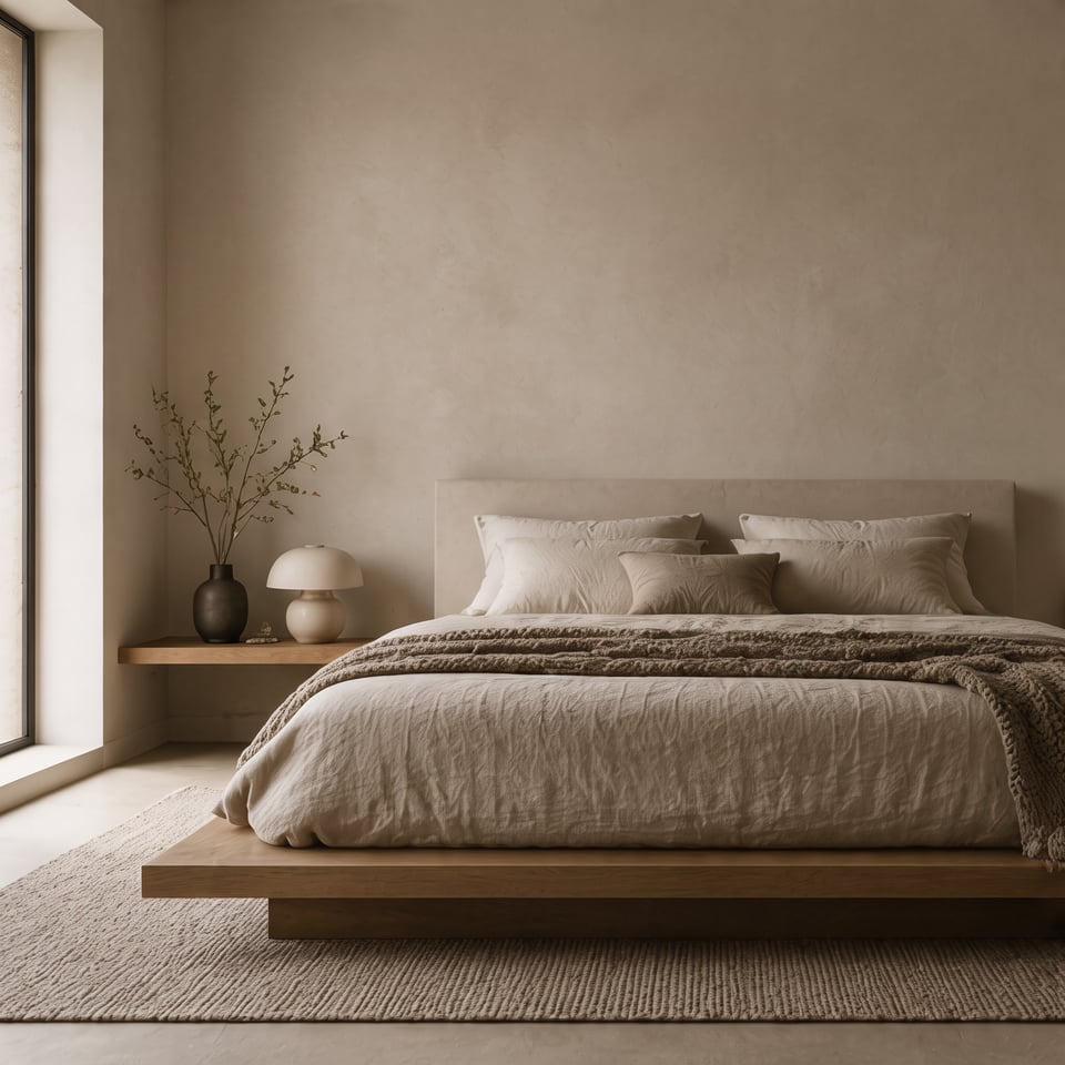 Minimalistiskt sovrum med låg trästomme, linnetextil och beige kalkade väggar