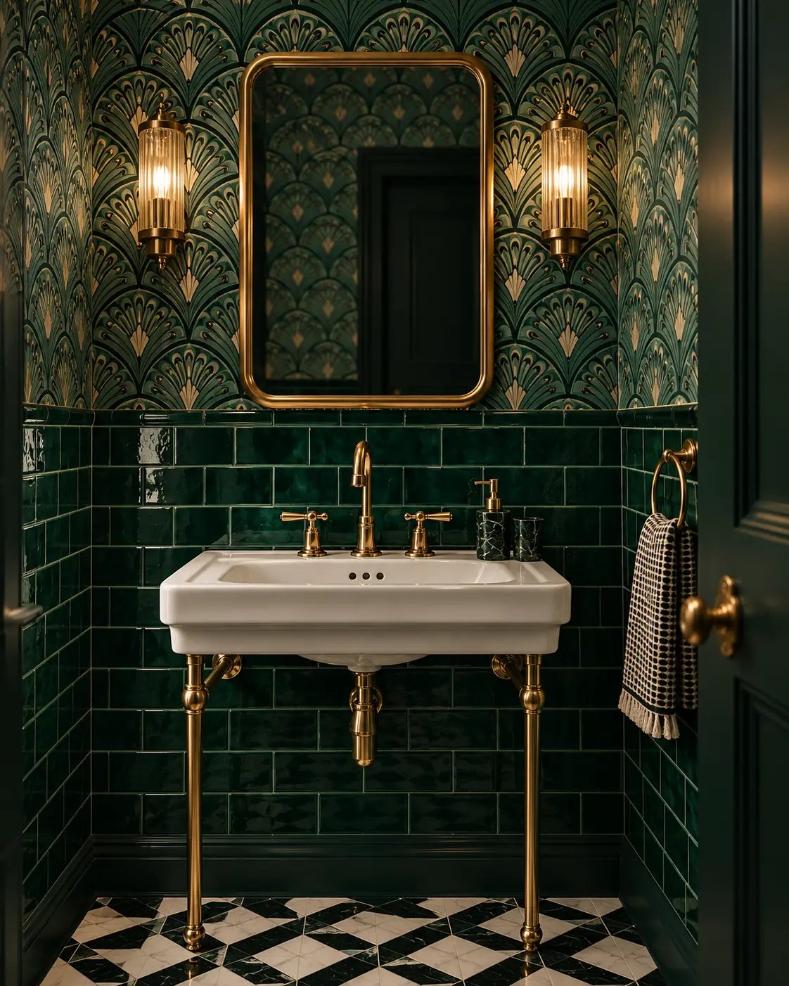 Bathroom with green Art Deco fan wallpaper, green tiles, brass details and a black and white floor