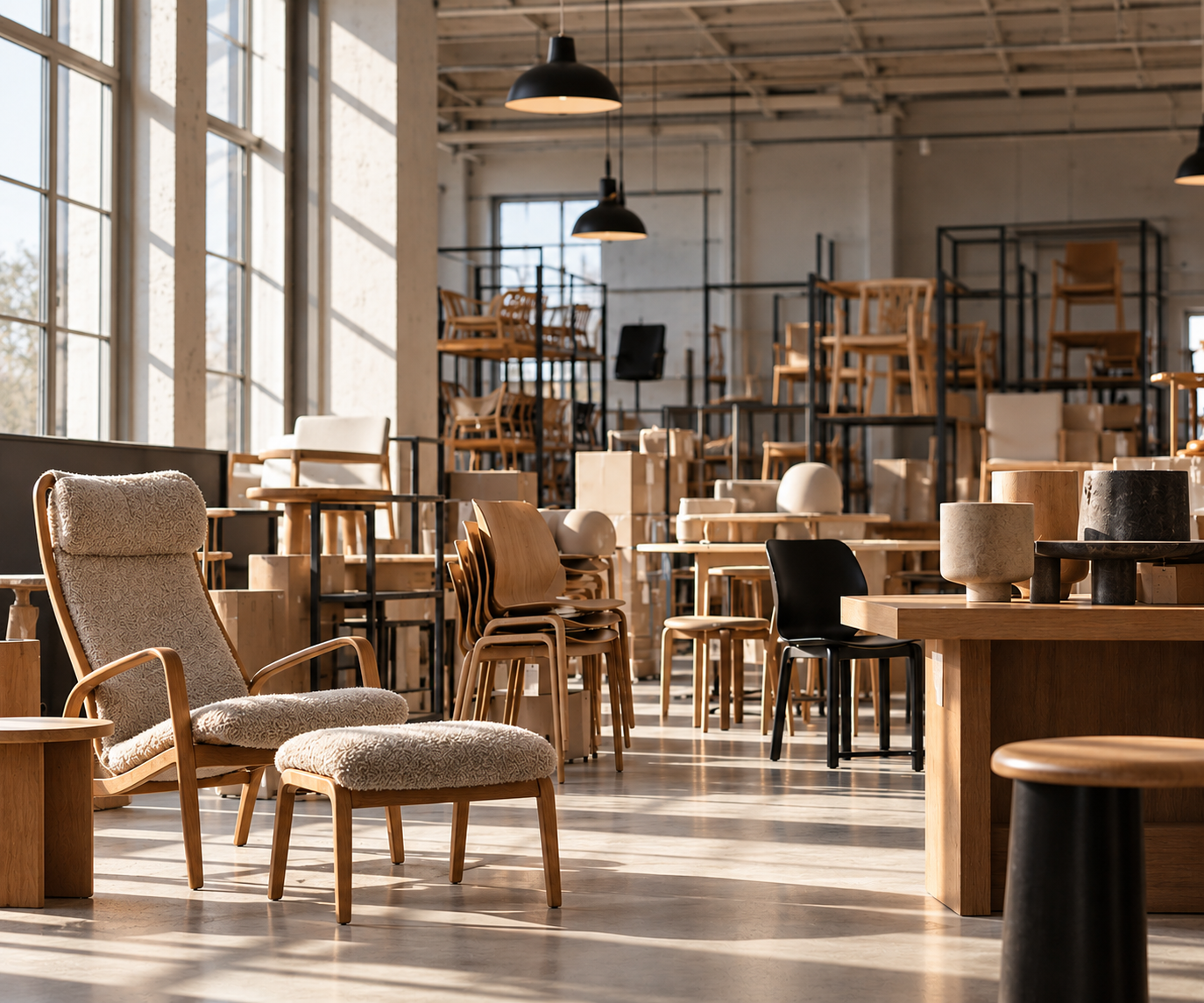 Illustration of a bright Scandinavian furniture factory showroom with chairs, tables and furniture prepared for a factory sale