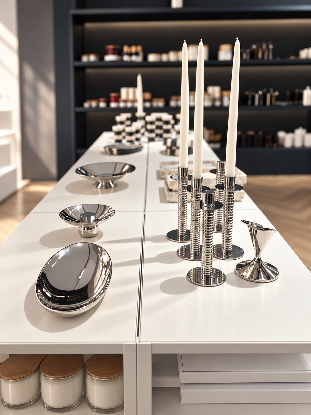 Vitt visningsbord med kromade skålar, spiralförmade silverljusstakar och glas hos H&M HOME.