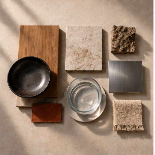 Illustration av materialprover: trä, sten, metall, glas och en varm accent