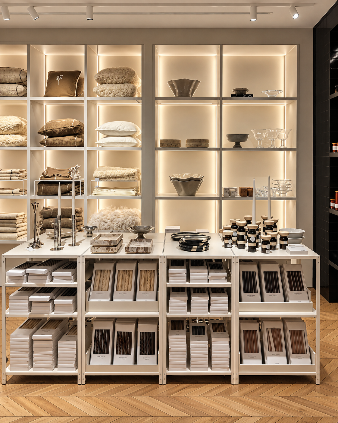 Belysta hyllor med textilier, kuddar och glasvaror samt långt vitt visningsbord hos H&M HOME.