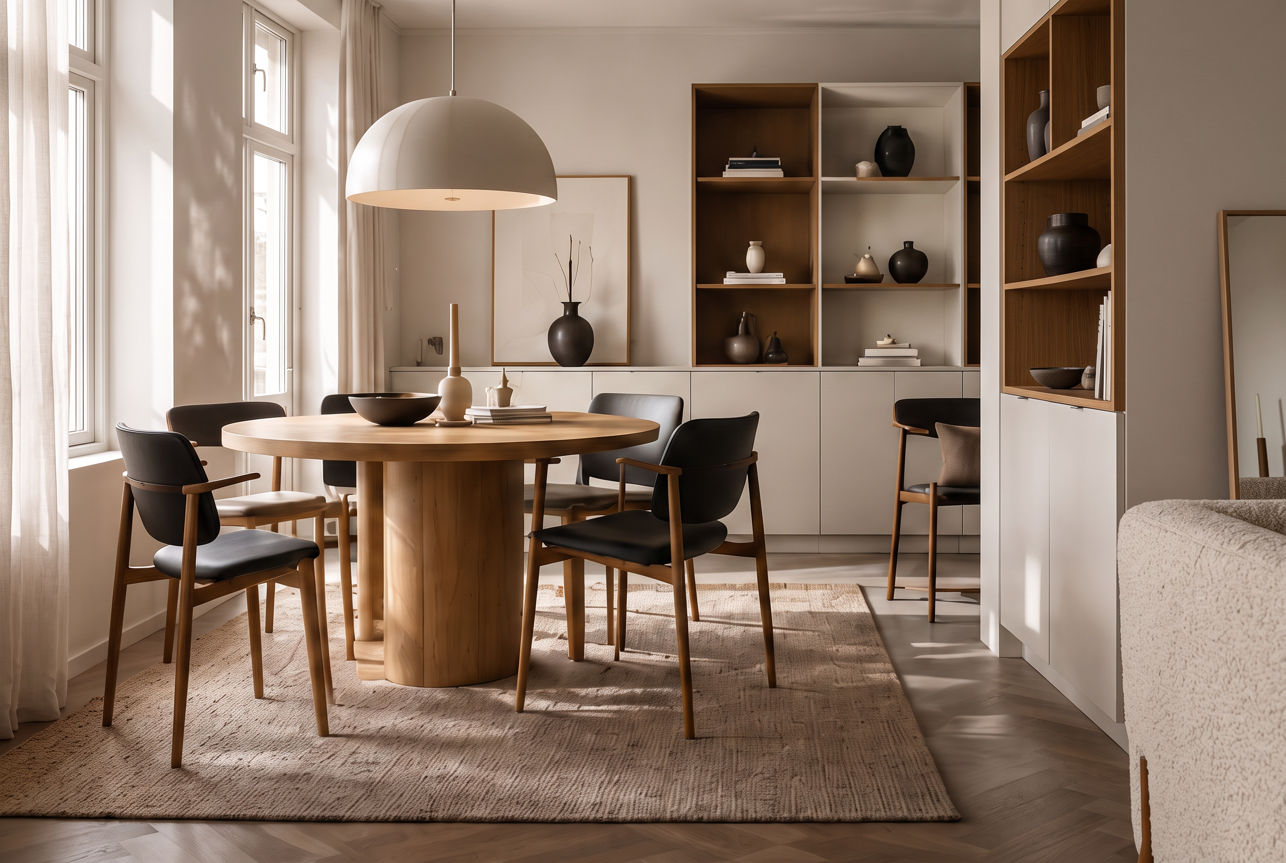 Ljus matplats med runt ekbord, svarta stolar och öppen hylla