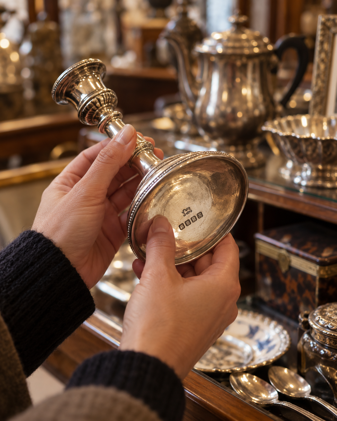 Hands turning a silver candlestick to examine the hallmarks beneath its base