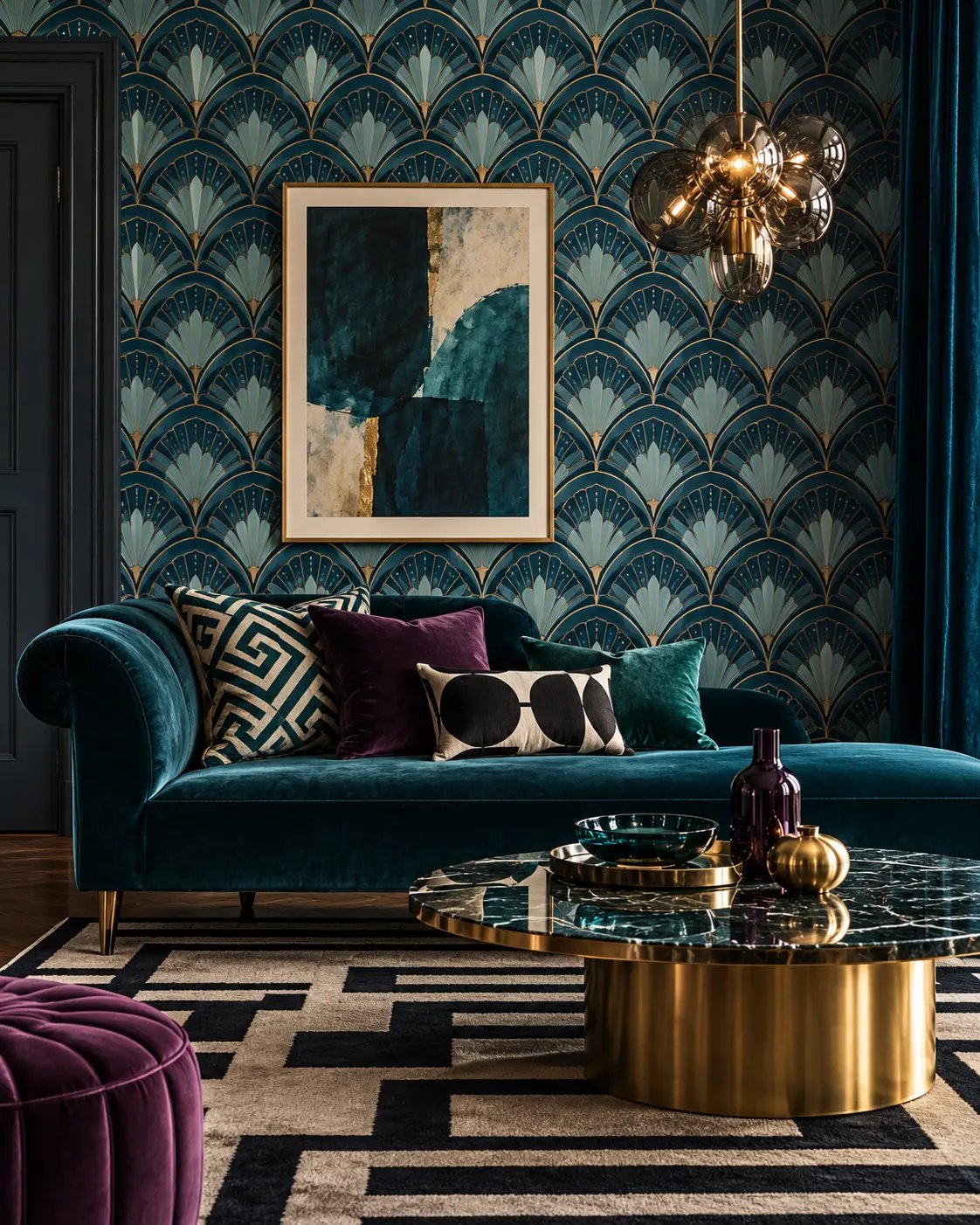 Lounge with blue fan wallpaper, velvet sofa, cushions in several patterns and a graphic rug around a marble table