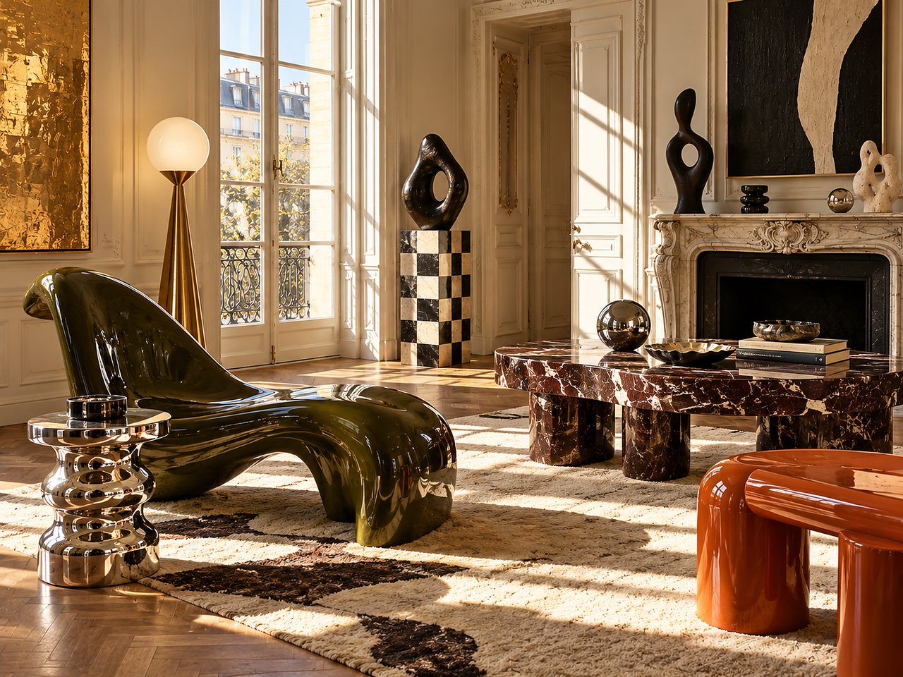 Classical Parisian-style living room with a sculptural dark green chaise longue, a chequered plinth with a black sculpture, red marble coffee tables and a brass floor lamp