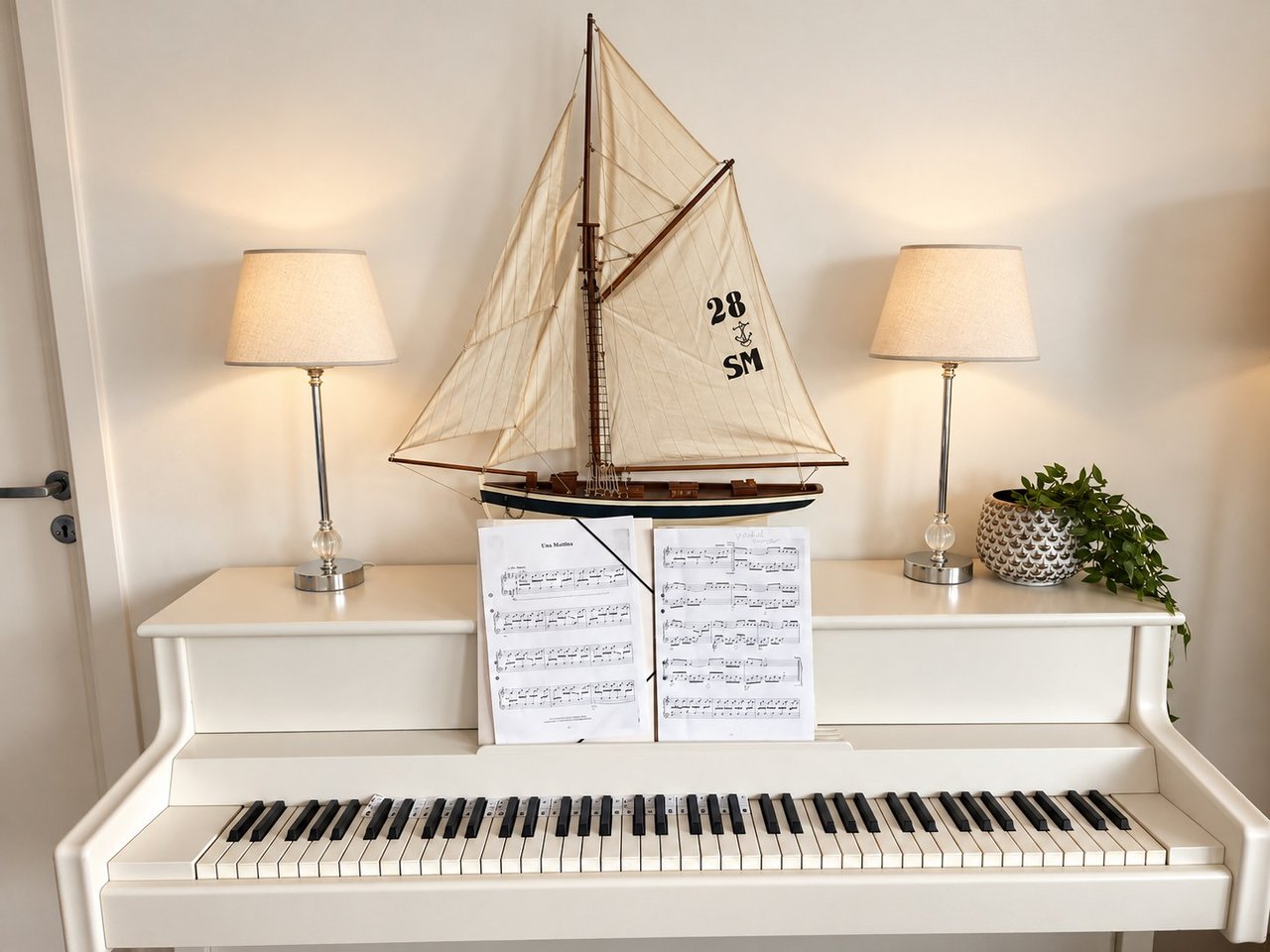 White 1940s piano with sheet music, a model sailboat and two table lamps