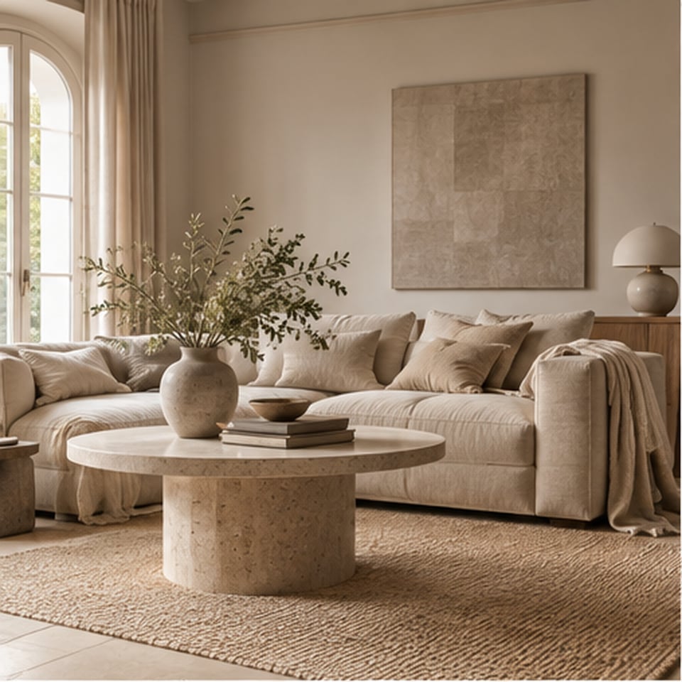 Beige interiör med kalkade väggar, ullmatta och möbler i olika ljushetsgrader